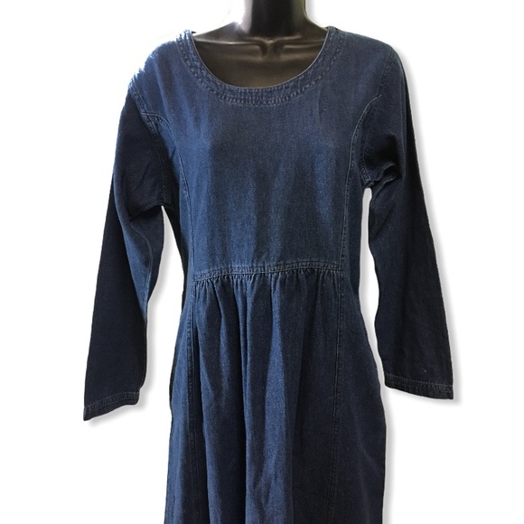 Vintage Denim Maxi Dress Long Sleeve Pockets 90’s Grunge - Picture 2 of 10